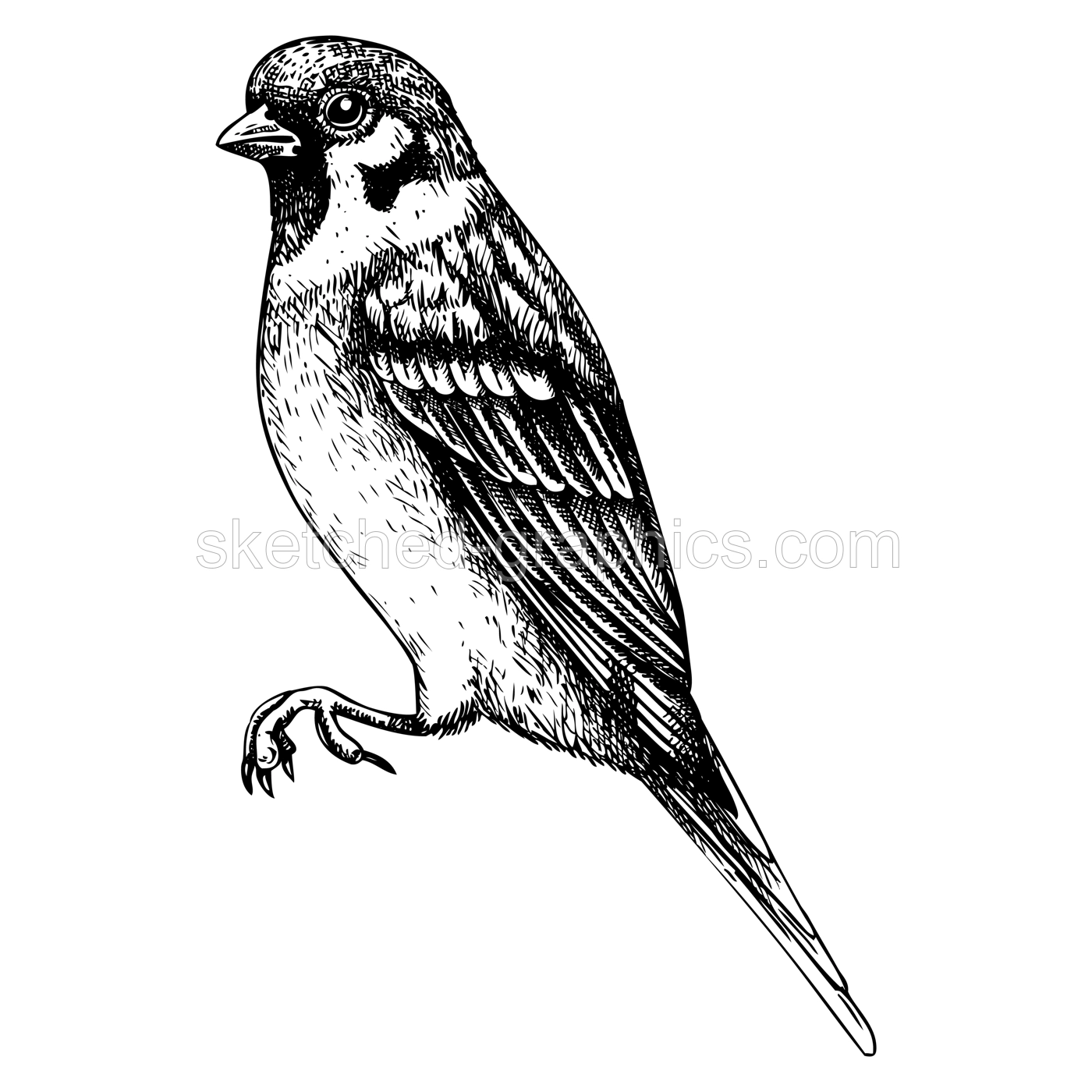 House sparrow vector sketch. Hand drawn wildlife illustration in engraved style. Brown passerine bird isolated on white background. Black and white animal drawing for print, poster, card, cover. Illustration
